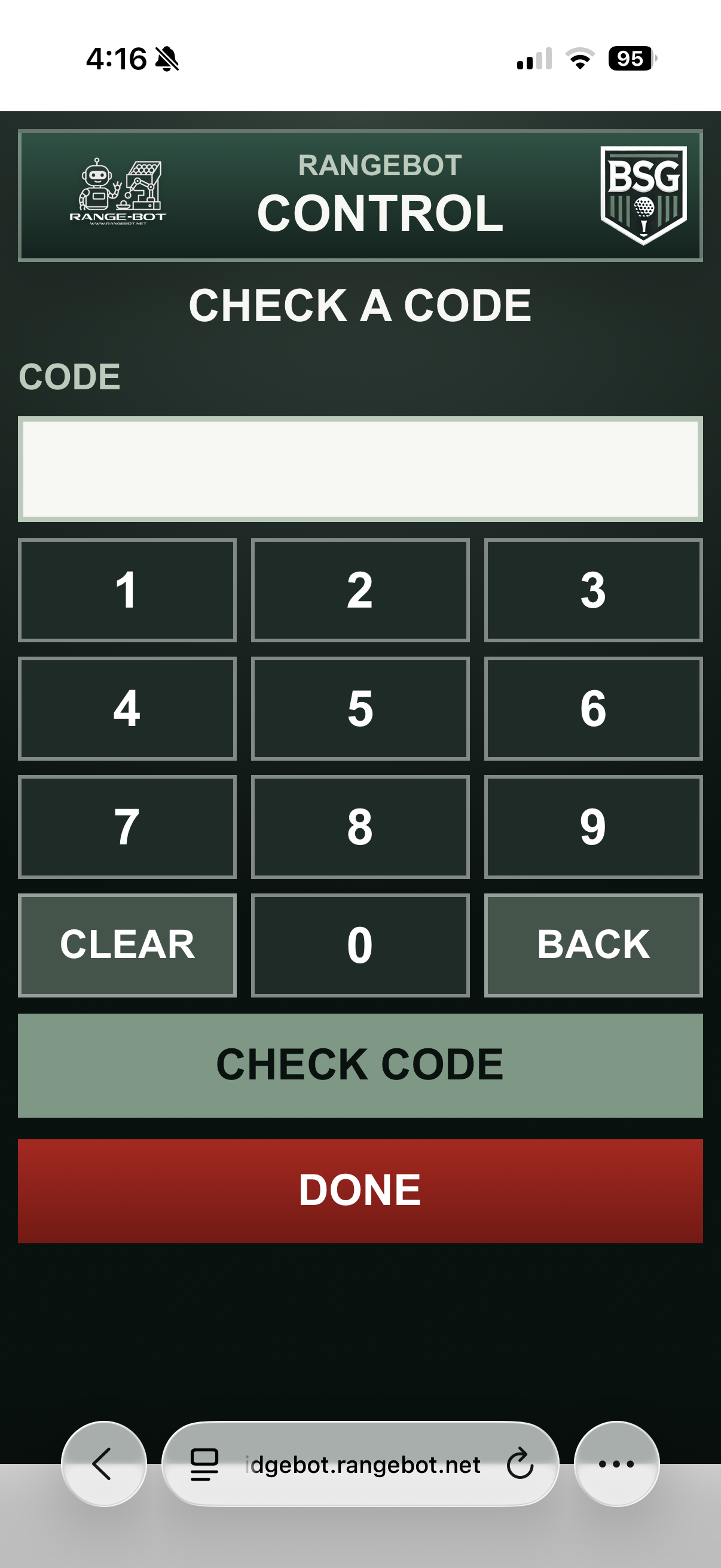 RangeBot Control check a code screen