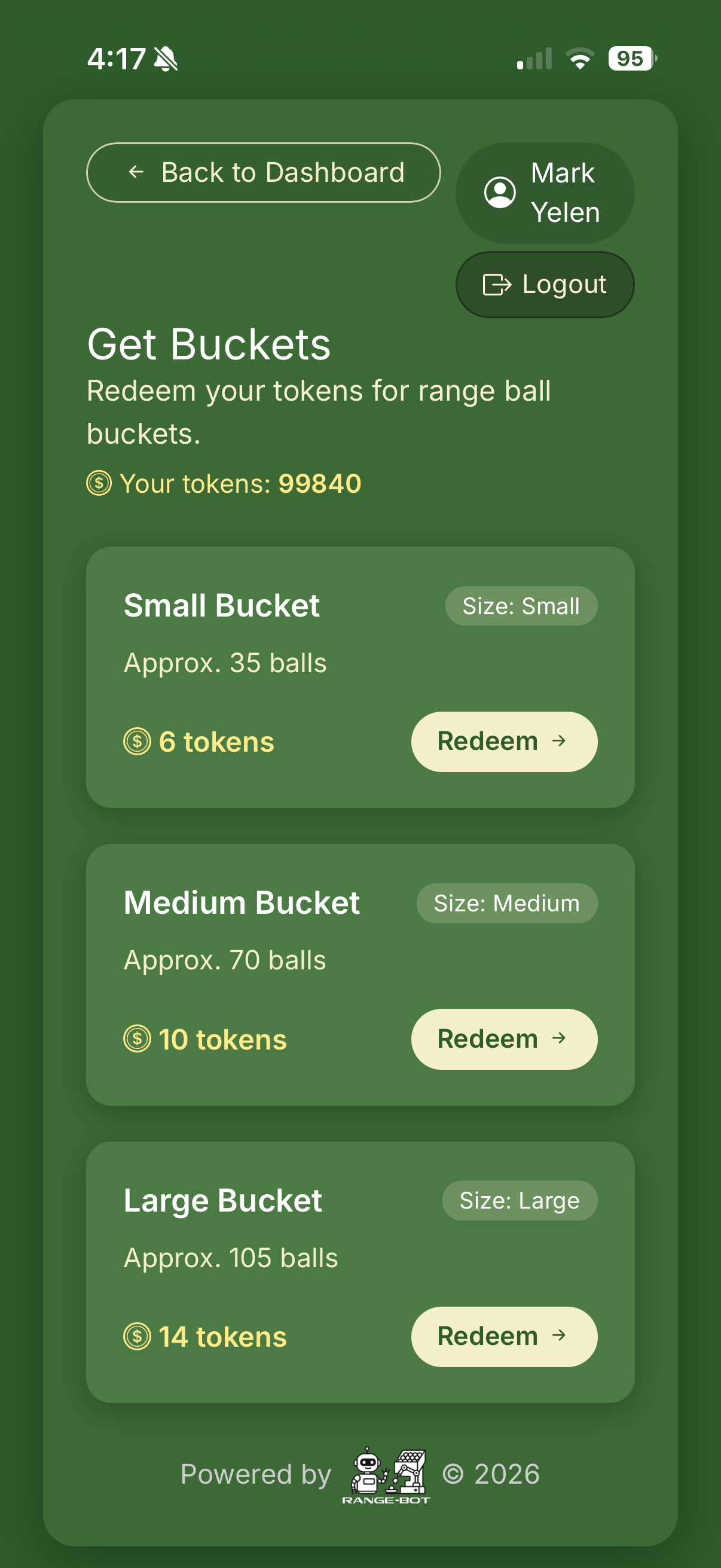 RangeBot mobile Get Buckets redemption screen