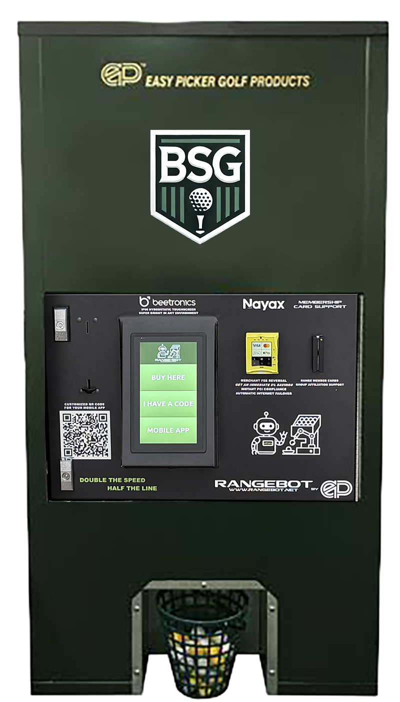 Clean RangeBot installation on an Easy Picker driving range dispenser