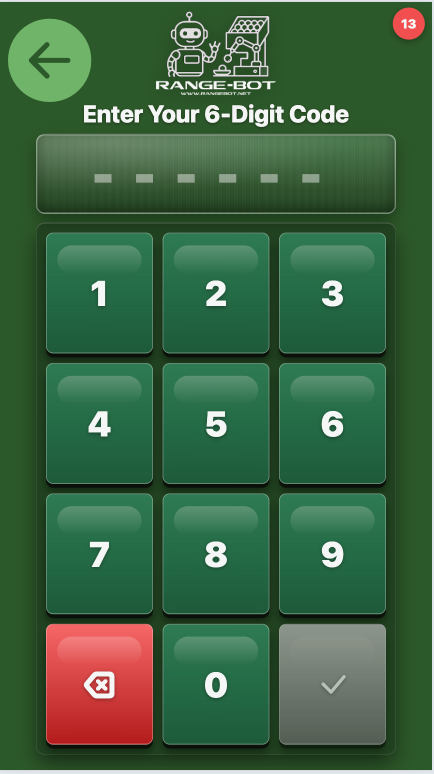 RangeBot six digit code screen